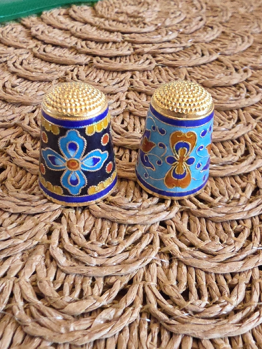 Set Of 2 Vintage Cloisonne Thimbles Gold Tone Metal With Enamel Inlay. 1"